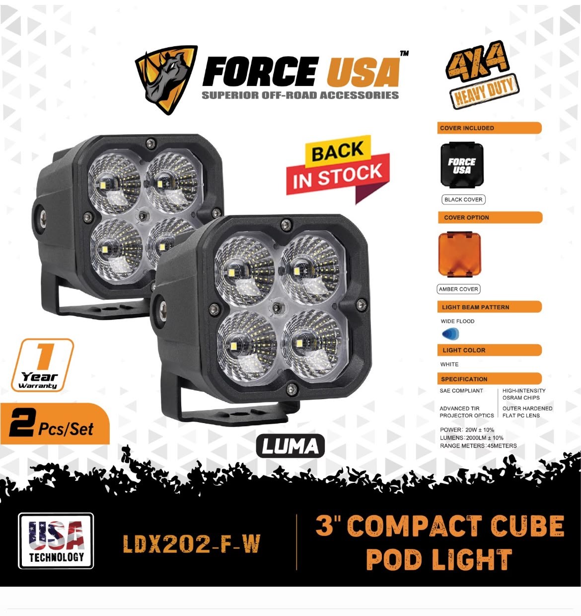 3-inch compact cube pod light, wide flood beam