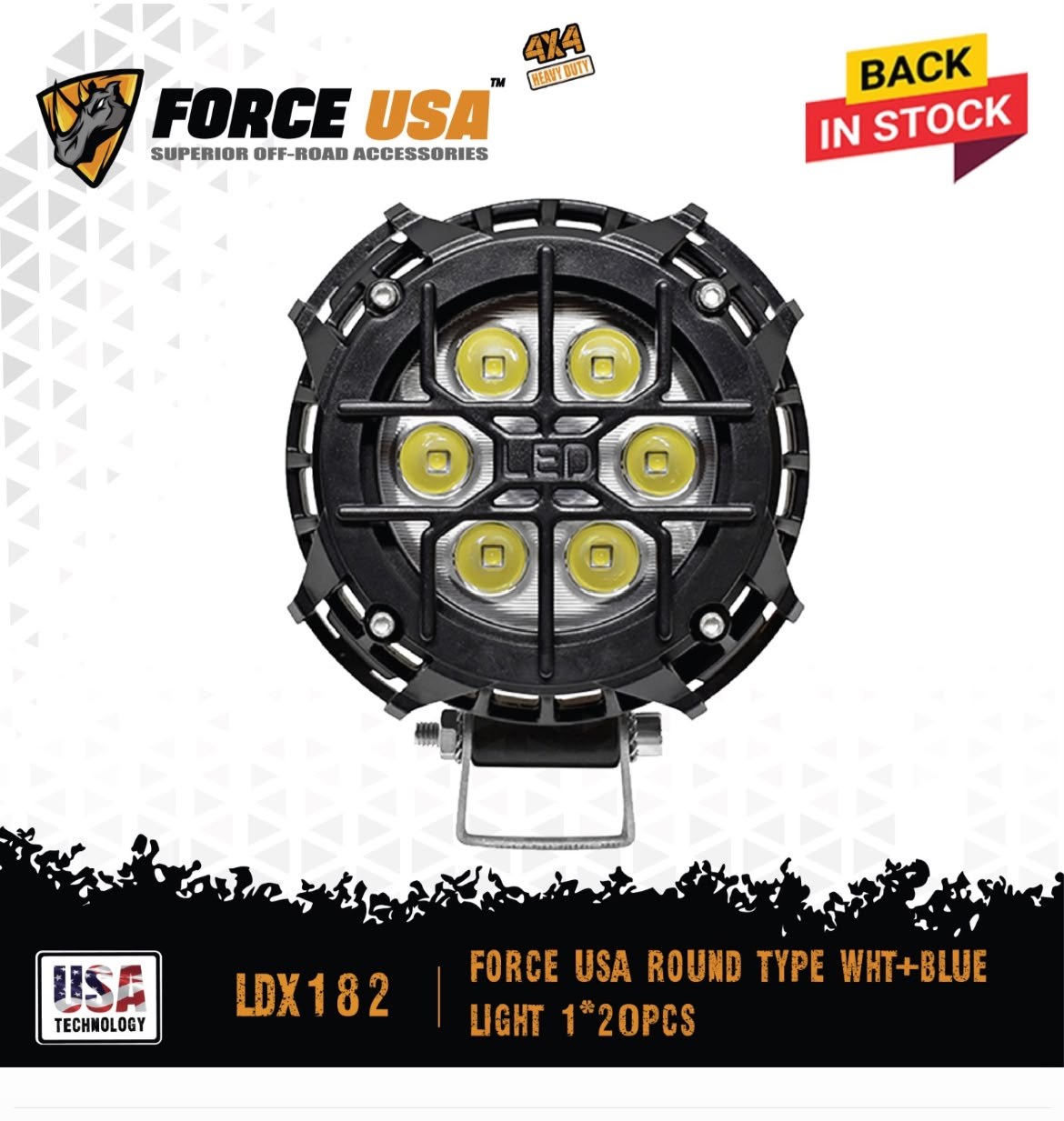 Round LED light with white and blue beam